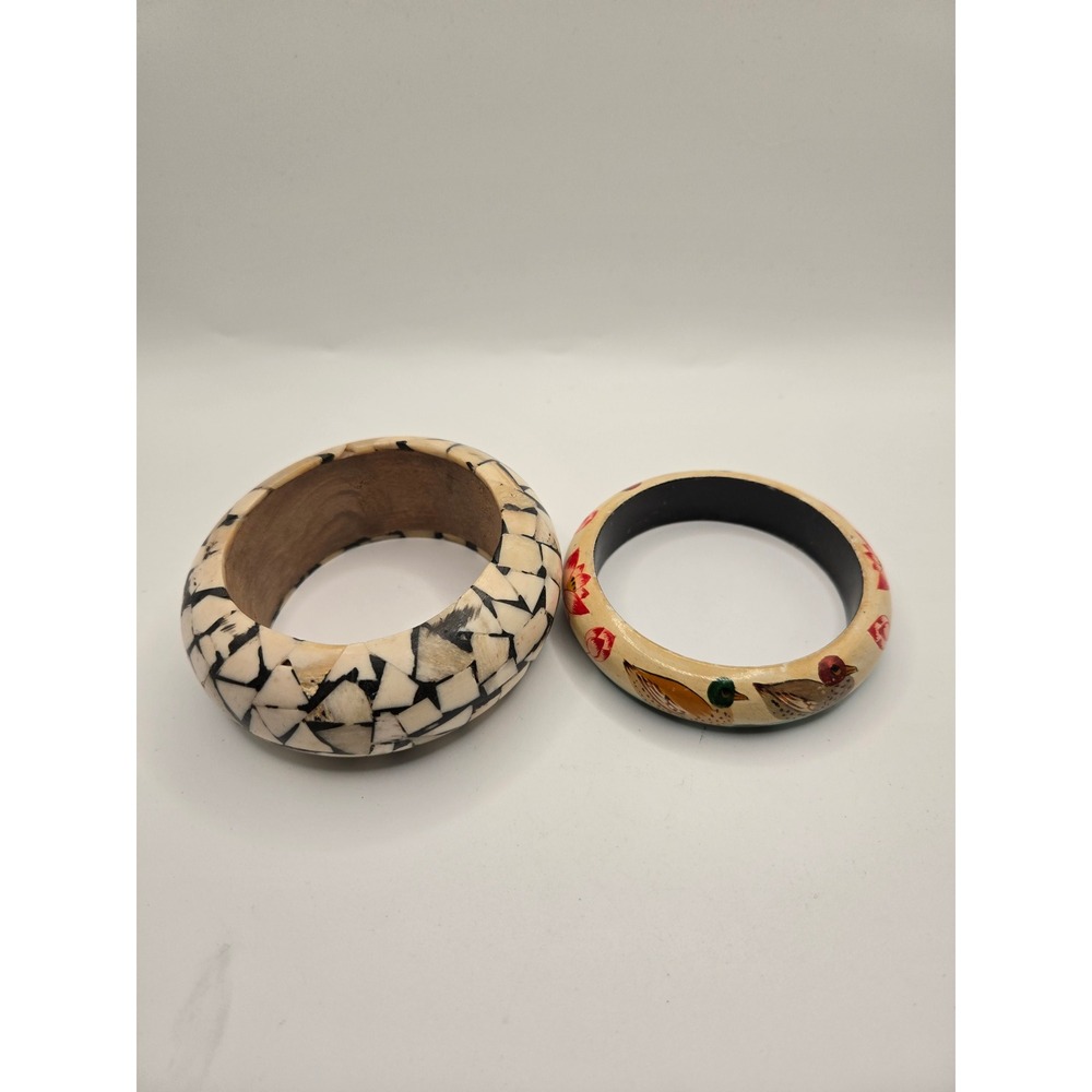 Vintage Mosaic Inlay Bangle and Hand Painted Mallard Duck Wooden Bracelet Set